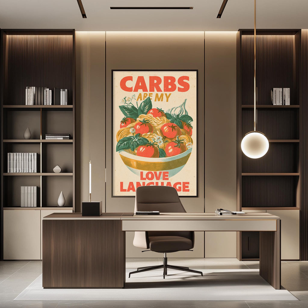 a modern office space with a desk, chair, and bookshelves. A large poster on the wall displays the text "CARBS ARE MY LOVE LANGUAGE".