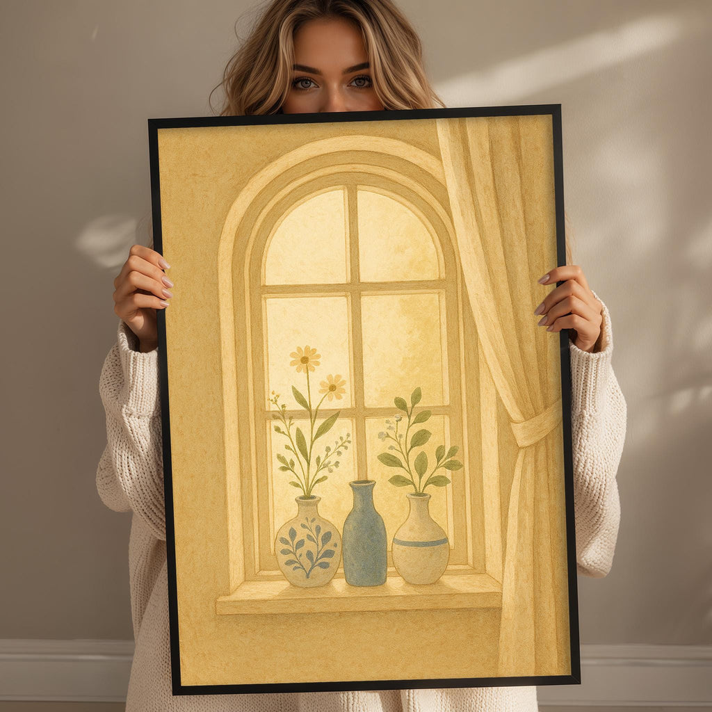 A woman holds up a framed painting depicting a window with three vases on the sill, each containing a different flower.