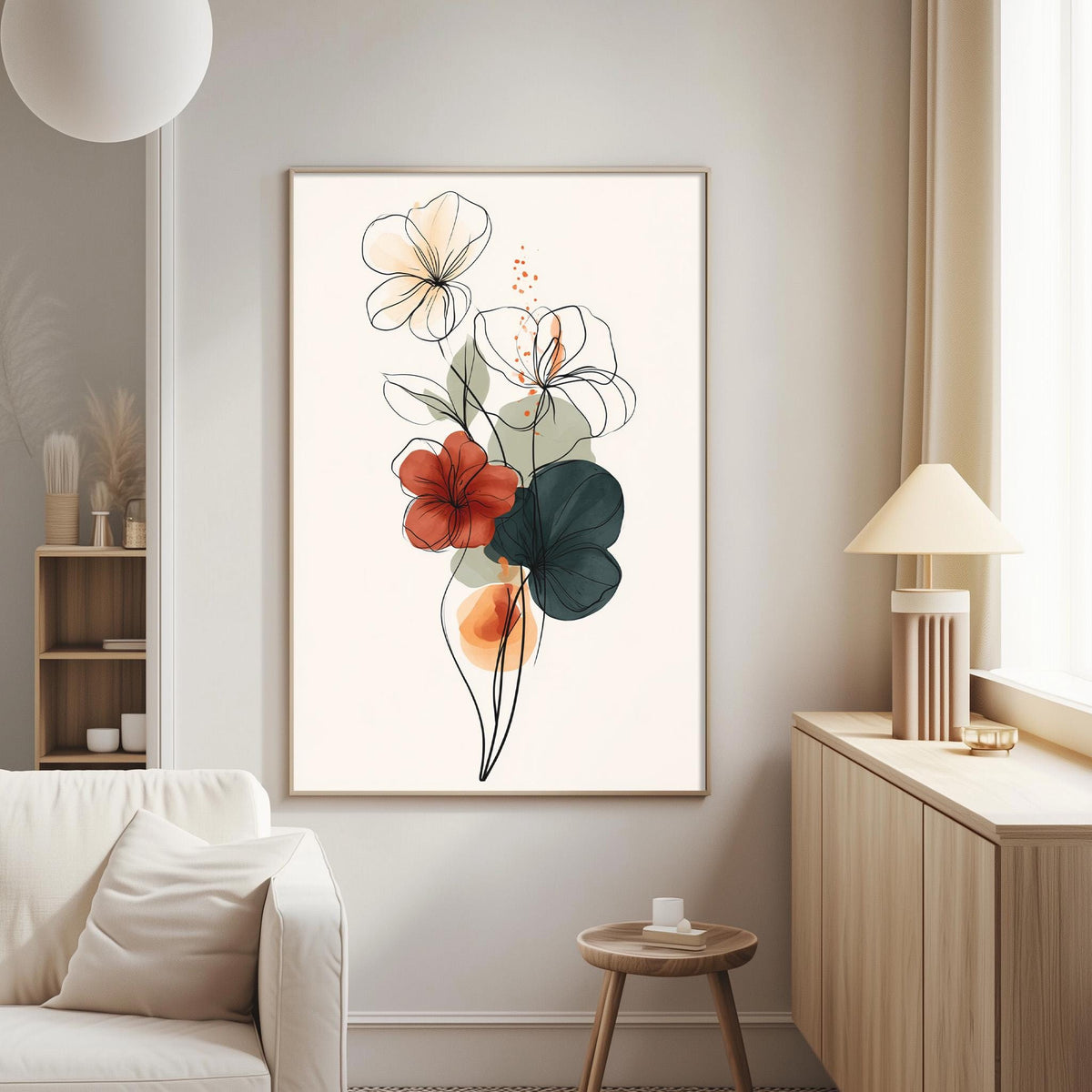 a living room with a white sofa, a wooden side table, and a framed artwork of flowers hanging on the wall.