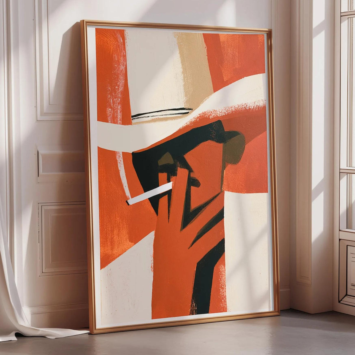 a large abstract painting with bold colors and geometric shapes, displayed on a wall in a room with a window.