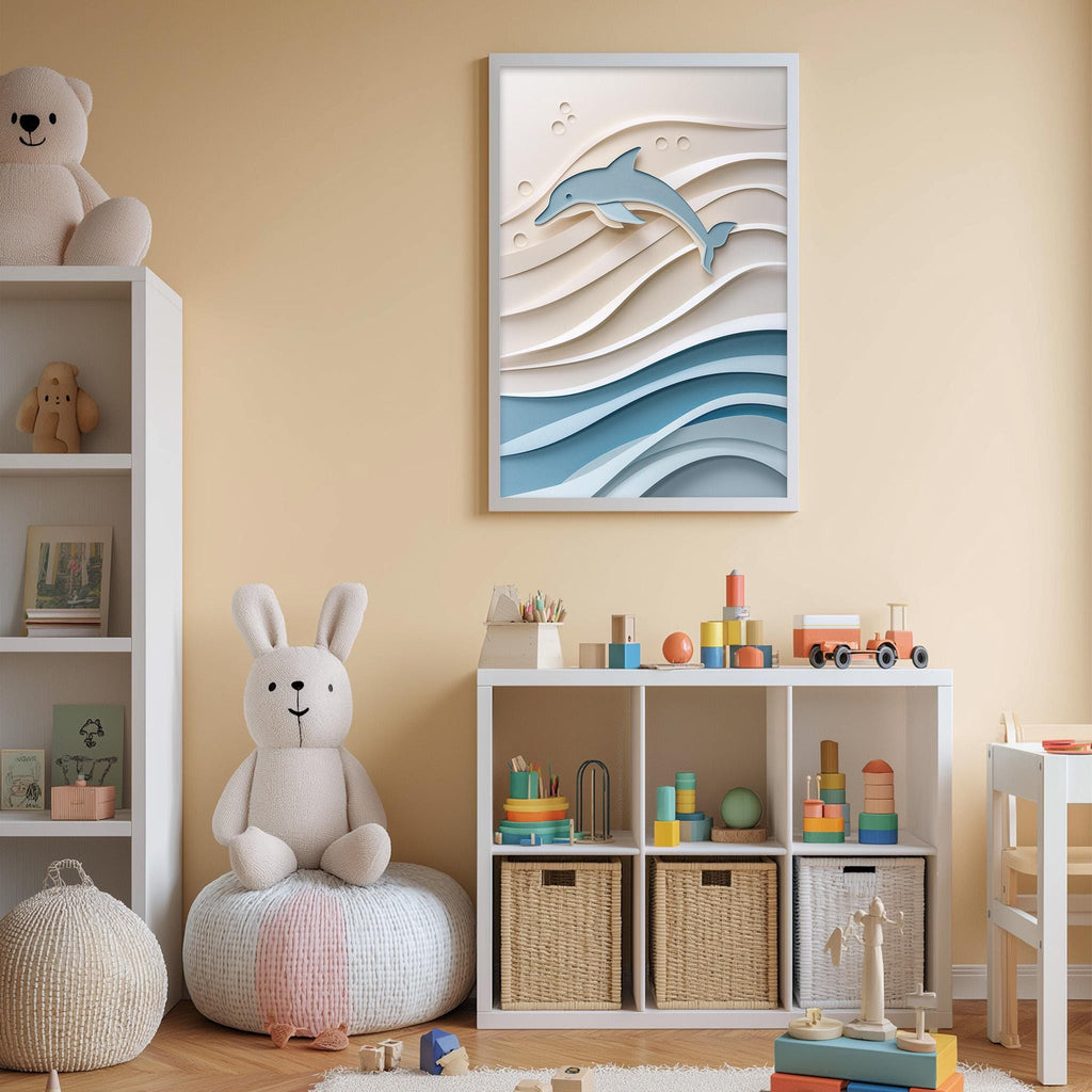 A child's bedroom with a white bookshelf, a stuffed rabbit, a toy train, and a framed picture of a dolphin on the wall.