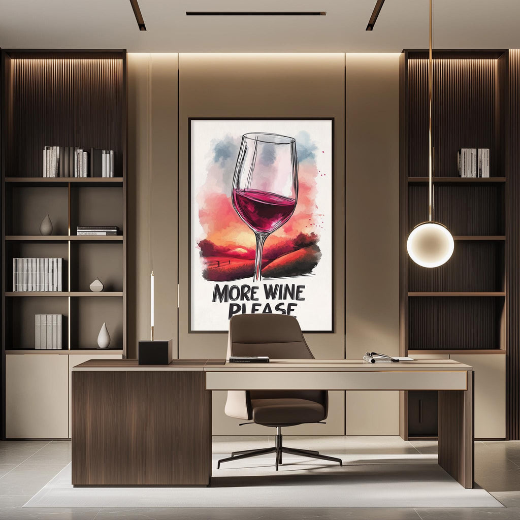 a modern office space with a large framed poster of a wine glass on the wall, which says "MORE WINE PLEASE". The office has a wooden desk, a chair, and a bookshelf filled with books.