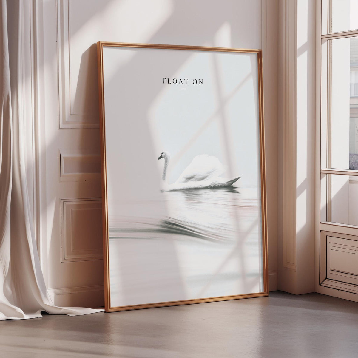 a large framed poster of a swan swimming on a body of water, with the word "FLOAT" written above it.
