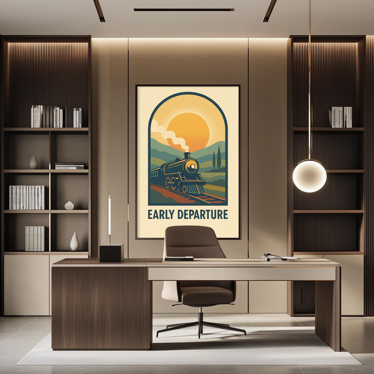 a modern office space with a large poster of a train on the wall, a desk with a chair, and a bookshelf.