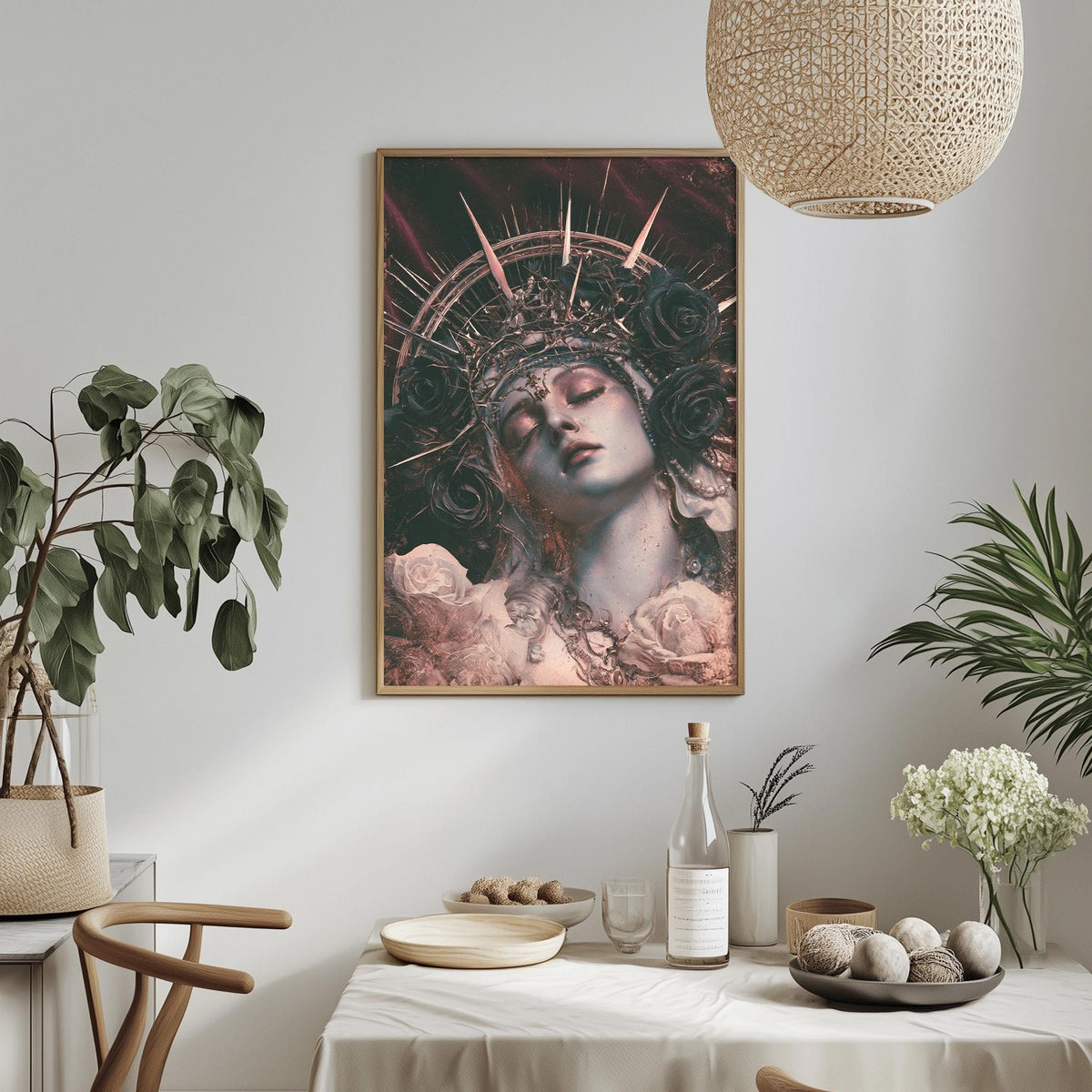a framed artwork of a woman's face with a crown, hanging on a wall above a dining table with various decorative items and plants.