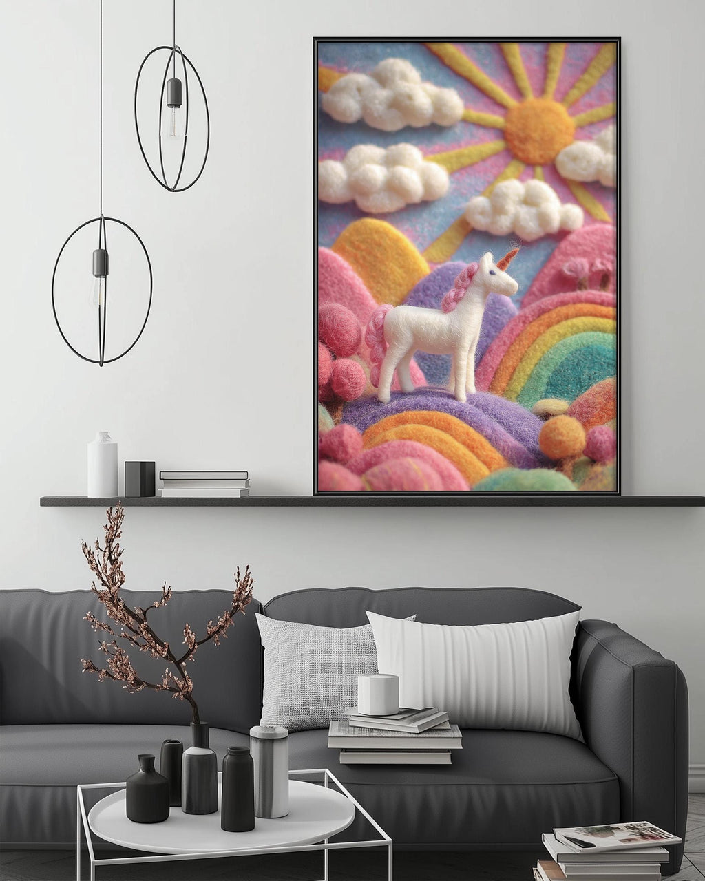 a large, colorful painting of a unicorn on a rainbow-colored background, hanging on a wall above a gray couch in a living room setting.