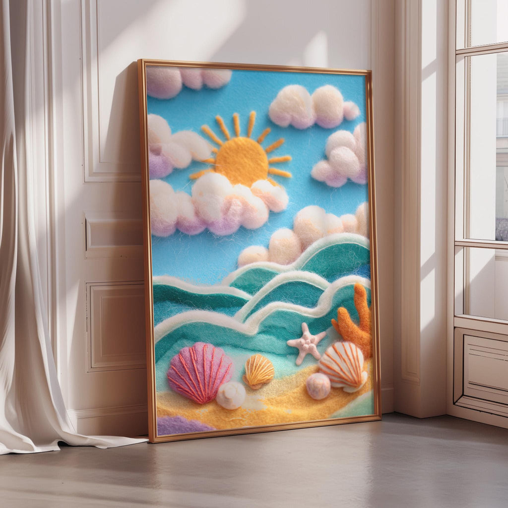 A framed artwork depicting a vibrant underwater scene with a sun, clouds, and various sea creatures.
