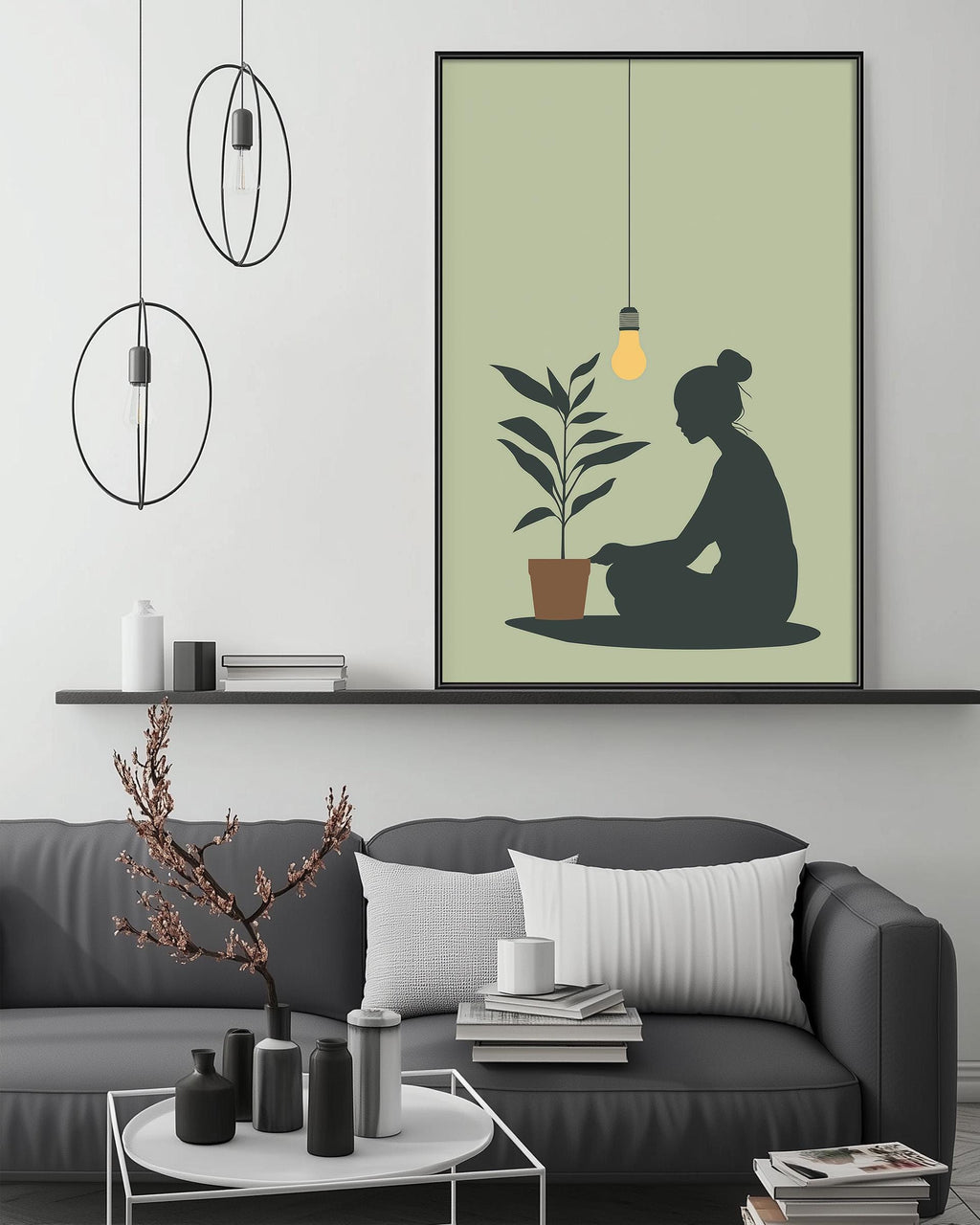 a cozy living room with a gray sofa, a coffee table, and a large framed poster of a woman sitting next to a potted plant hanging above the sofa.