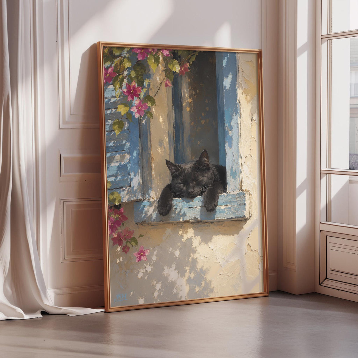 A framed painting depicting a black cat resting on a window sill, with pink flowers and a blue frame.