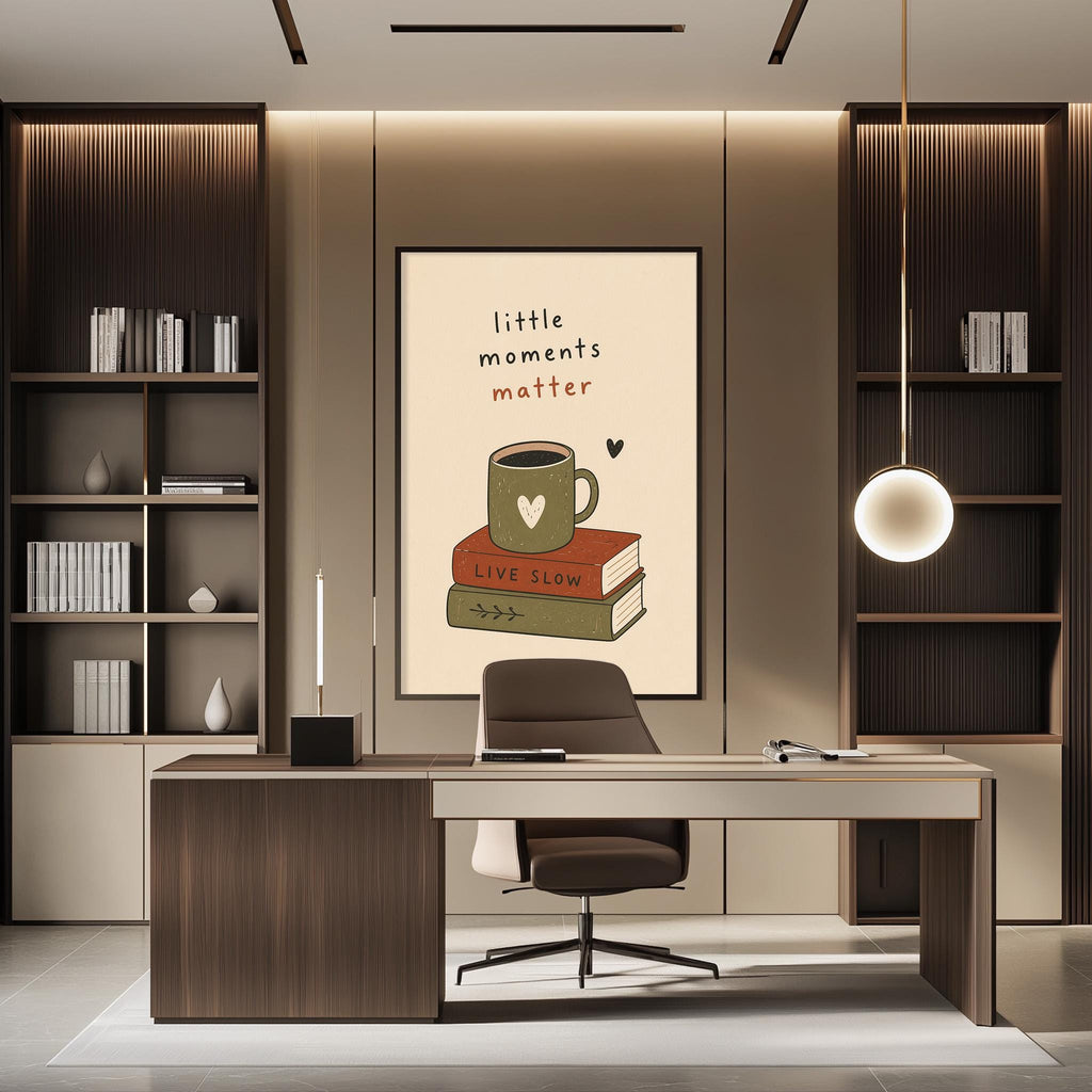 a modern office space with a desk, bookshelves, and a large poster on the wall.