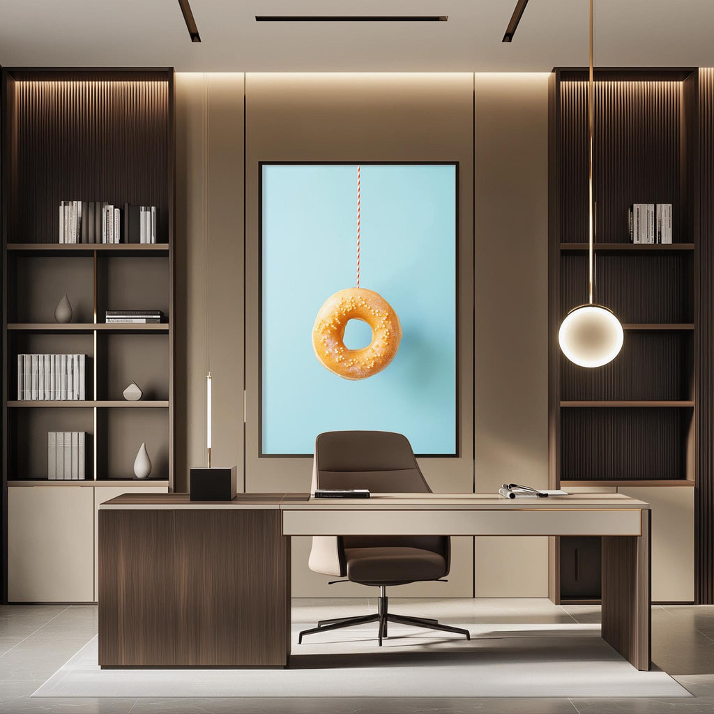 a modern office space with a large framed picture of a donut hanging on the wall. The office features a wooden desk, a comfortable chair, and a bookshelf filled with books. The overall design and decor create a professional and stylish atmosphere.