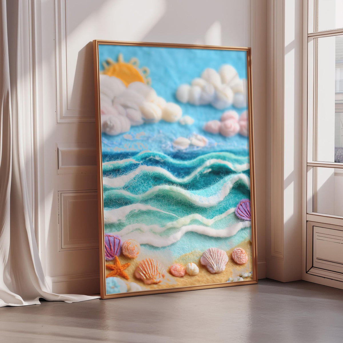 A framed artwork depicting a serene beach scene with a blue sky, fluffy clouds, and a sandy shore dotted with seashells and starfish.