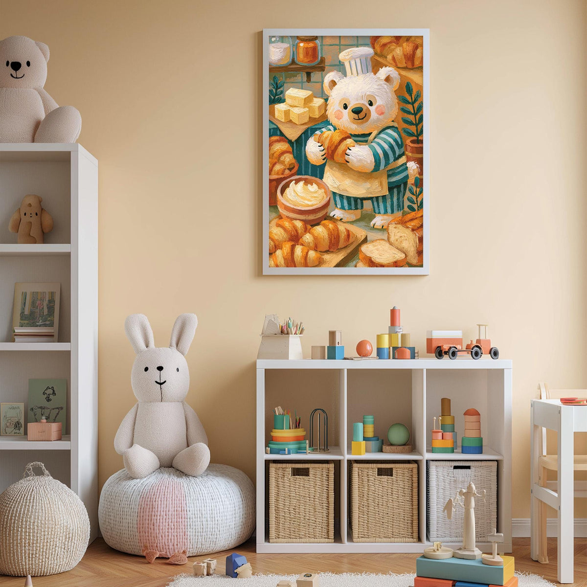 A cozy children's room with a large stuffed bunny, a toy shelf with various toys, and a framed illustration of a bear in a kitchen setting.