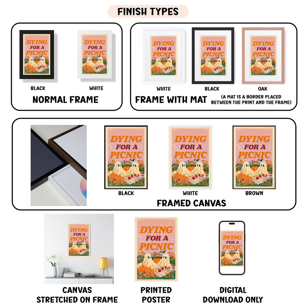 various types of artwork, including framed prints, canvas prints, and digital prints, each with different finishes and frame types.