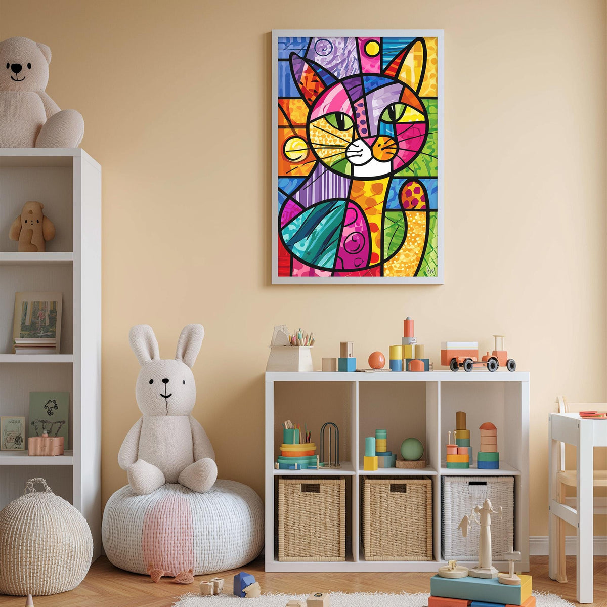 A colorful abstract painting of a cat is displayed on the wall above a white bookshelf filled with toys and children's items.