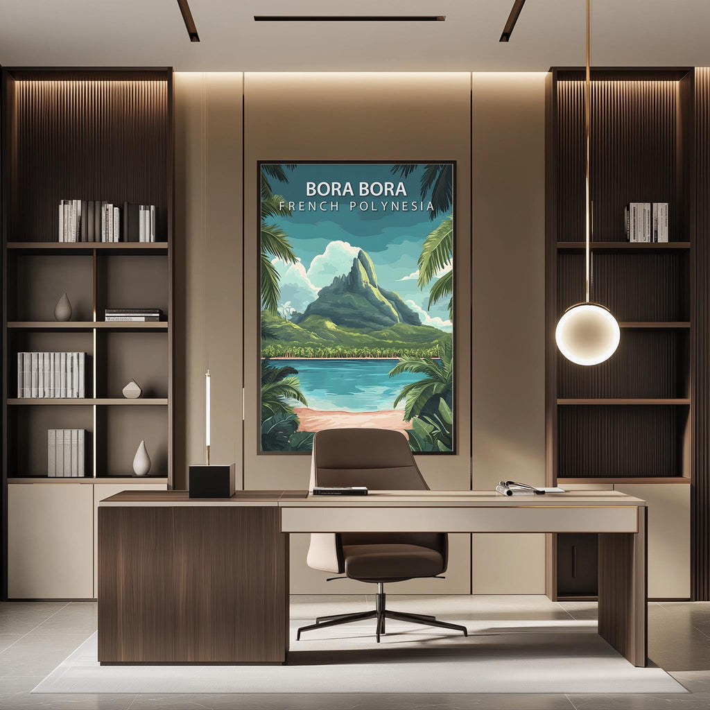 a modern office space with a large poster of Bora Bora, a tropical island, on the wall. The poster is surrounded by bookshelves and a desk with a chair. The office has a minimalist and contemporary design, with a focus on natural elements and a sense of tranquility.