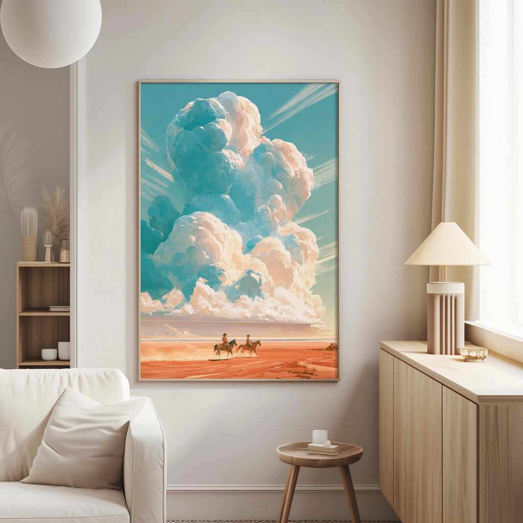 a large painting of a desert landscape with a cloudy sky, depicting a cowboy on horseback in the foreground.