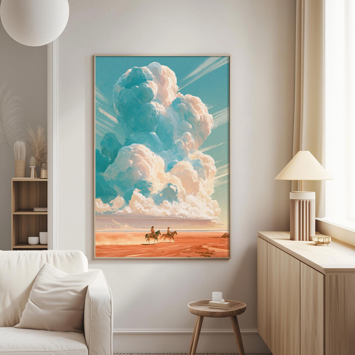 a large painting of a desert landscape with a cloudy sky, depicting a cowboy on horseback in the foreground.