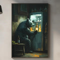 a painting of a bear standing in front of an open refrigerator, with various bottles visible inside the fridge.