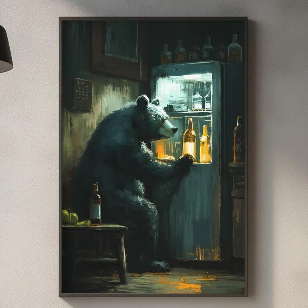 a painting of a bear standing in front of an open refrigerator, with various bottles visible inside the fridge.
