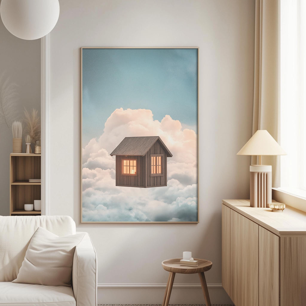 a cozy living room with a white sofa, a wooden side table, and a framed picture of a small cabin floating in the clouds on the wall.