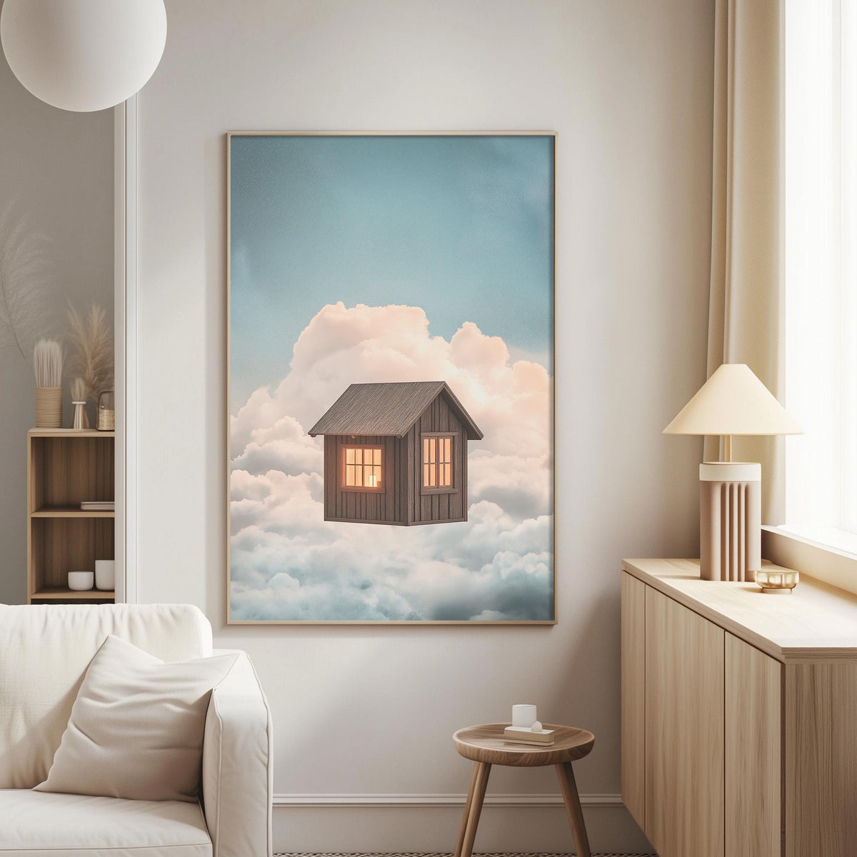 a cozy living room with a white sofa, a wooden side table, and a framed picture of a small cabin floating in the clouds on the wall.