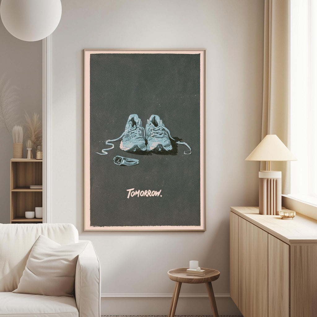 a framed poster of a pair of sneakers on a wall, with the word " Tomorrow" written below the image.
