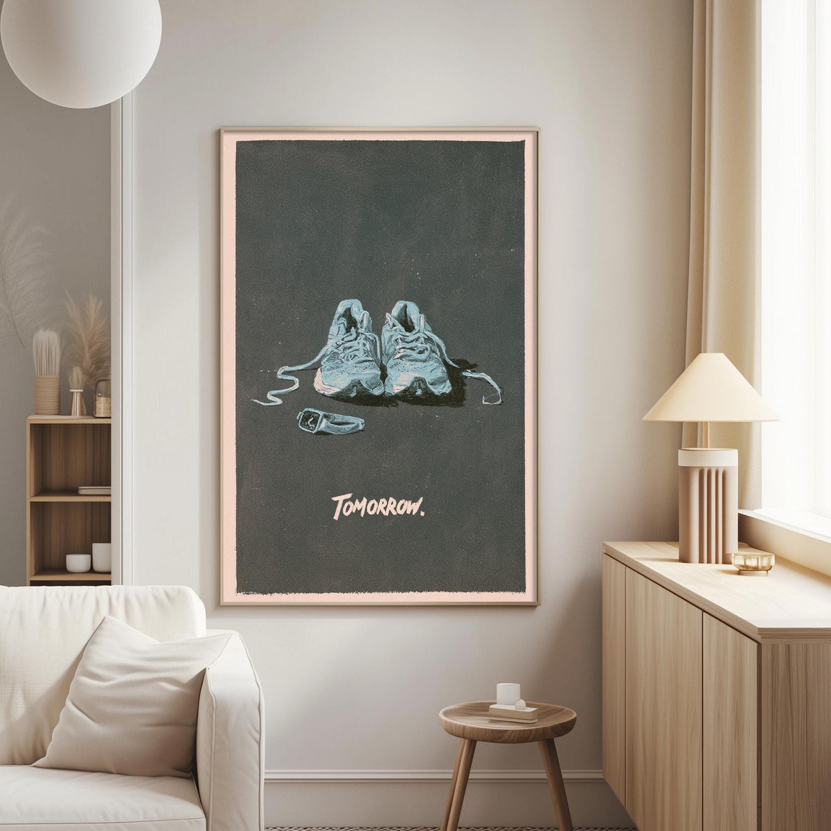 a framed poster of a pair of sneakers on a wall, with the word " Tomorrow" written below the image.