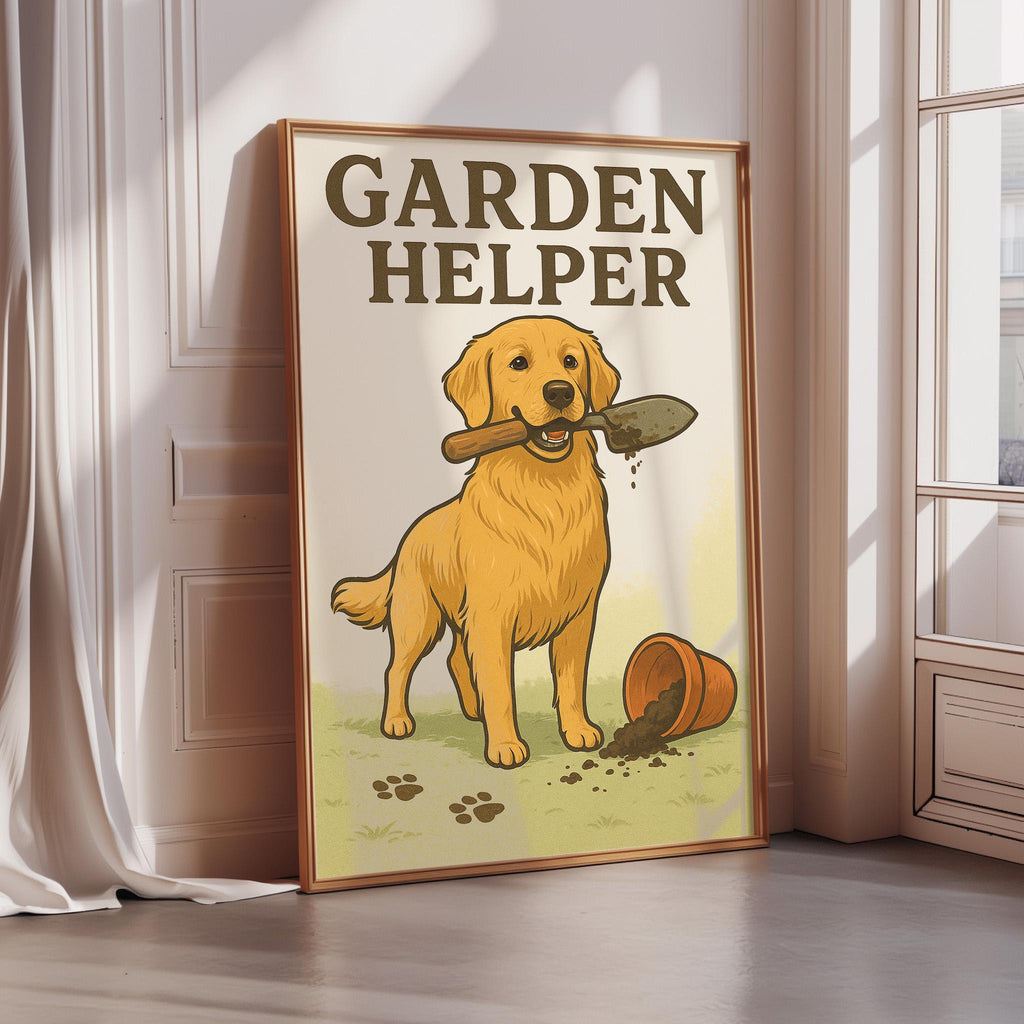 A framed poster depicting a golden retriever dog holding a shovel and standing in a garden setting.