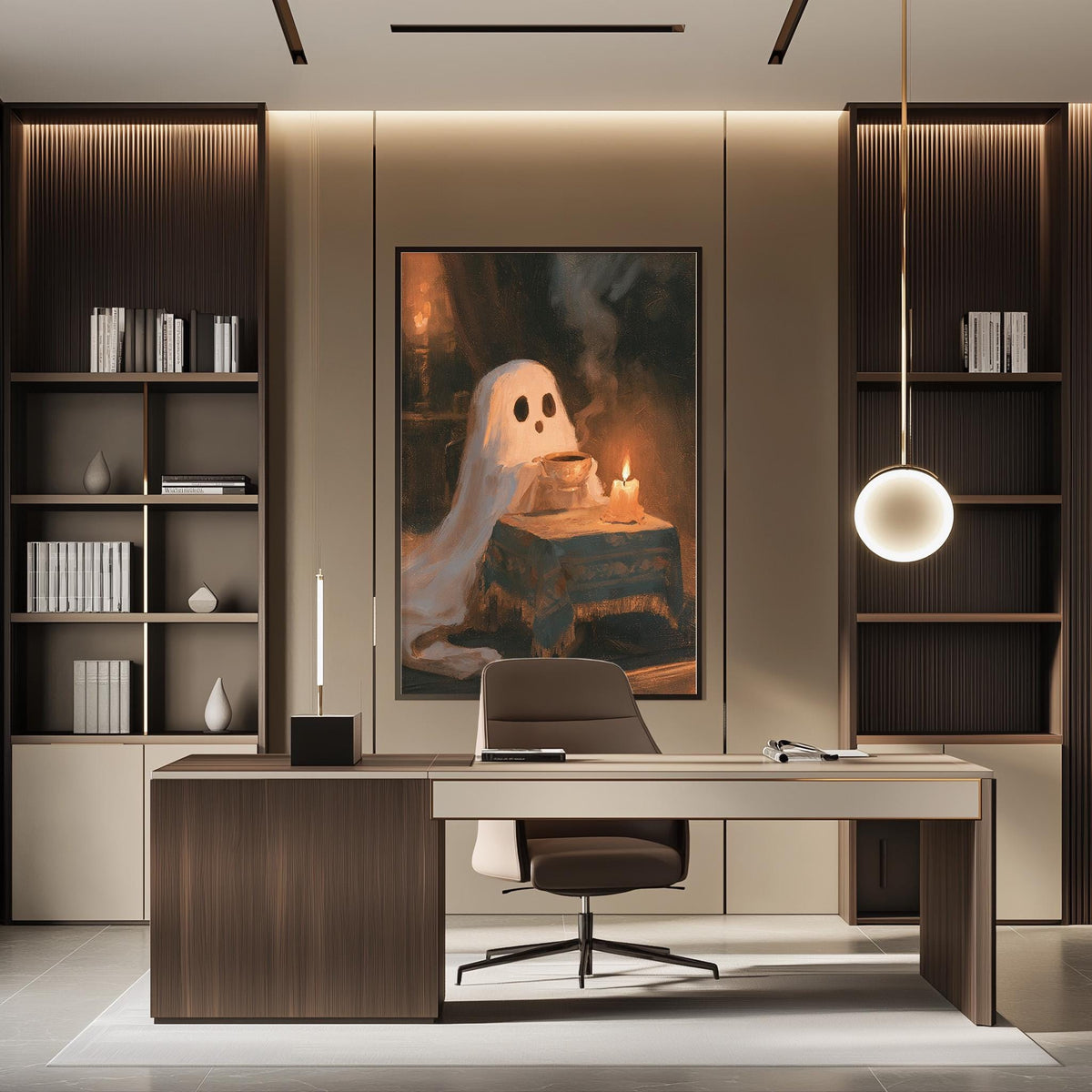 a modern office space with a large framed artwork of a ghost on the wall, a wooden desk with a chair, and a bookshelf filled with books.