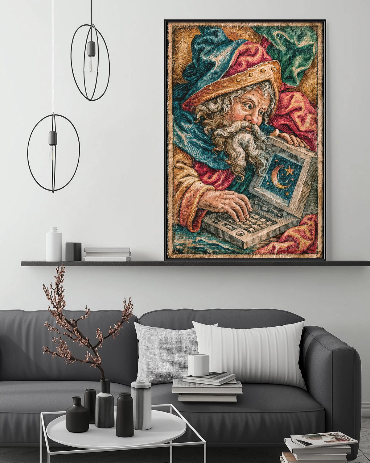 a large tapestry hanging on a wall above a gray couch in a living room setting.