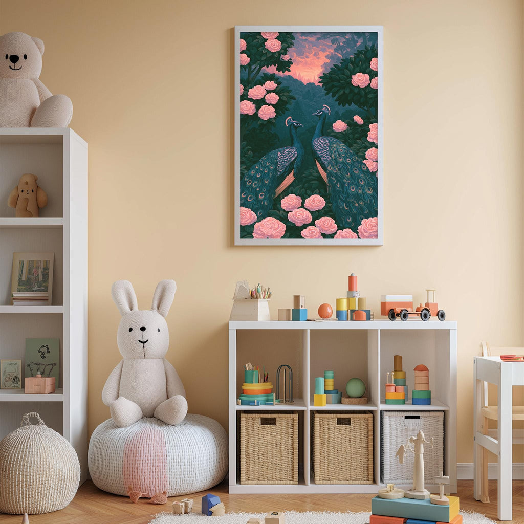A child's bedroom with a large stuffed rabbit, a bookshelf, and a colorful painting of peacocks and pink flowers on the wall.