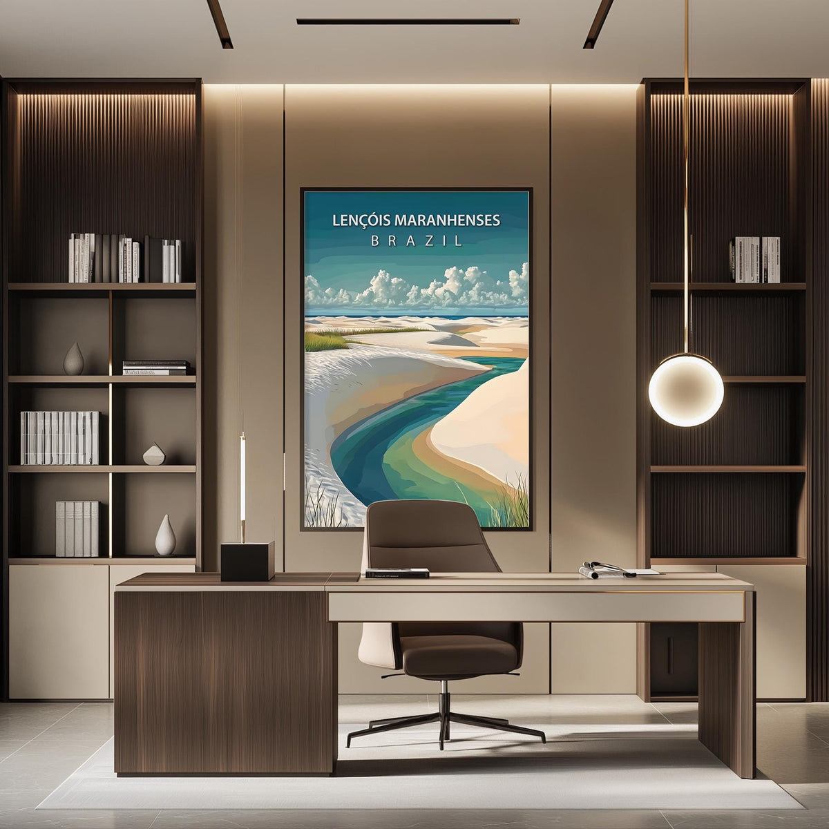 a modern office space with a large framed poster of a beach scene on the wall, a desk with a chair, and a bookshelf filled with books.