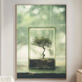 a serene indoor setting with a large framed picture of a bonsai tree on the wall, a white sofa, a wooden side table, and a lamp on a wooden cabinet.