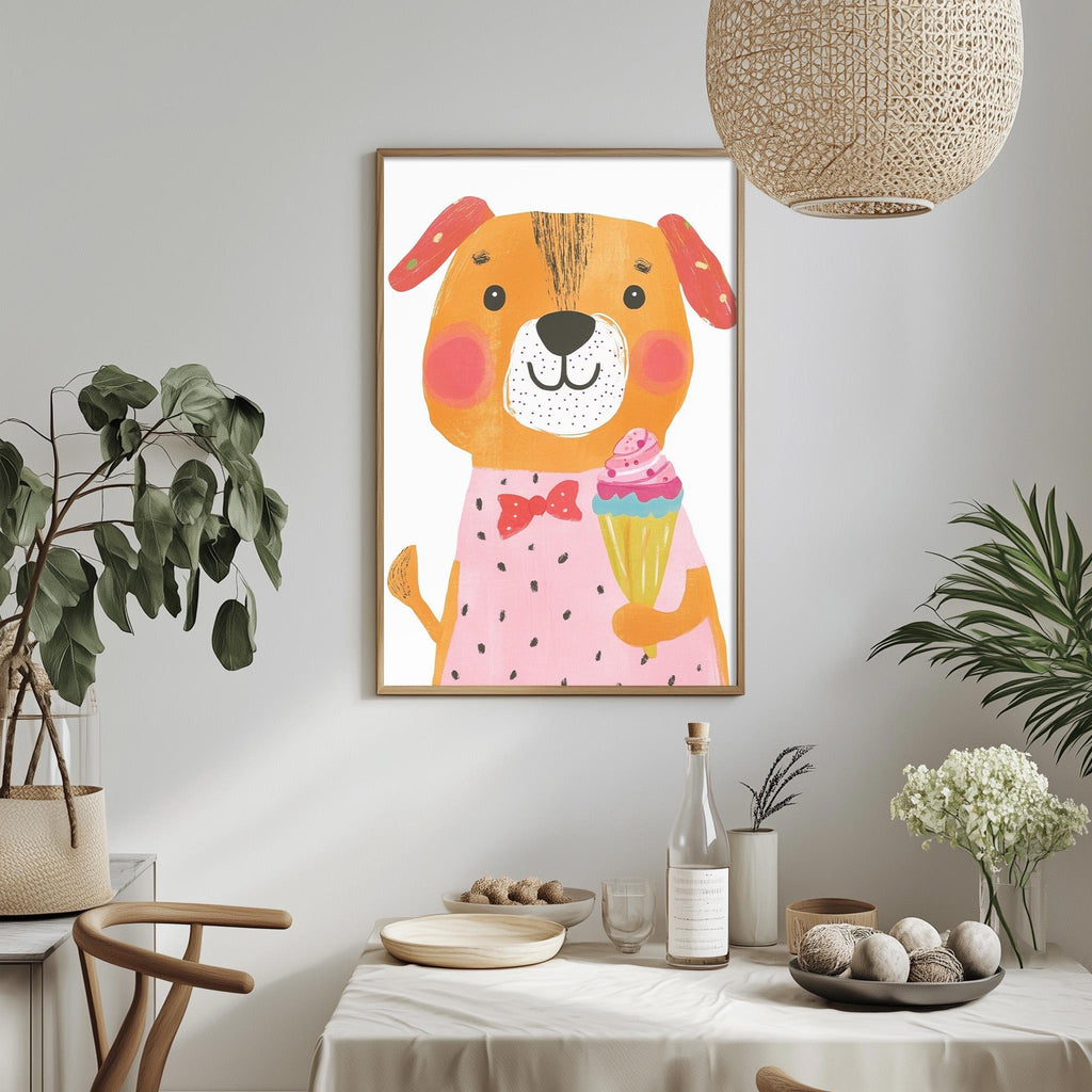 a framed illustration of a dog holding a cupcake, hanging on a wall above a dining table with various decorative items and plants.