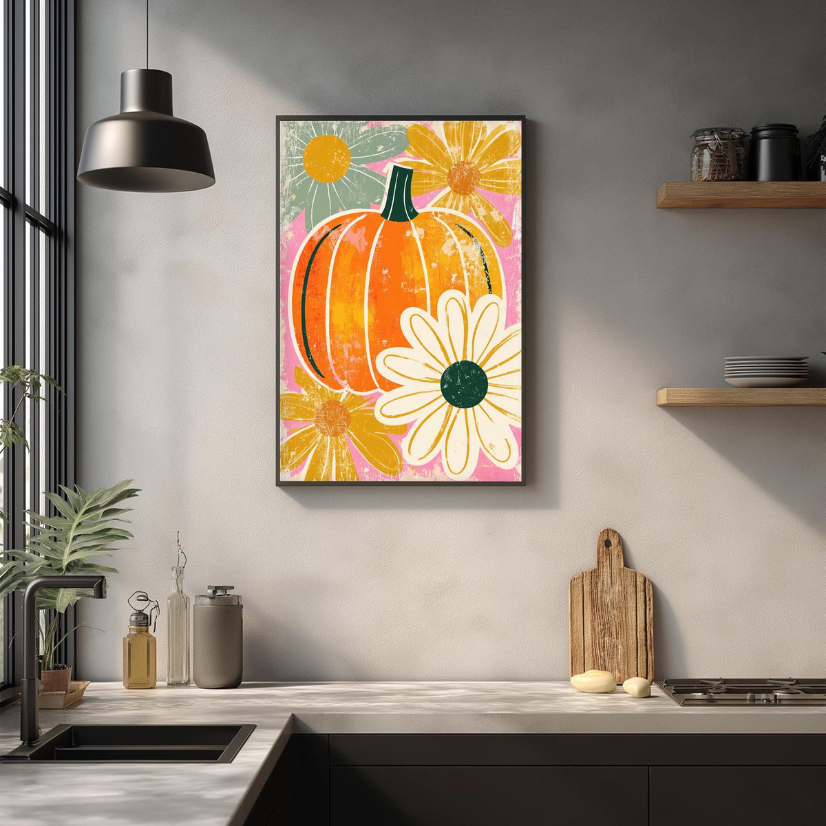 a kitchen counter with a framed print of a pumpkin and flowers hanging on the wall above it. The kitchen counter also has various kitchen items such as a cutting board, a soap dispenser, and a bottle.