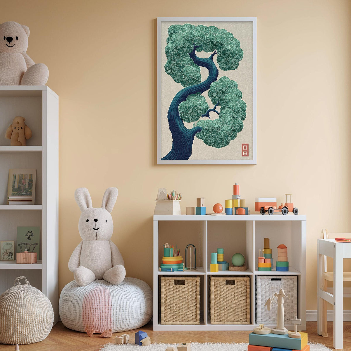 A cozy and colorful children's bedroom with a large tree-themed artwork on the wall, a white bookshelf filled with toys, and a plush rabbit sitting on a bean bag chair.