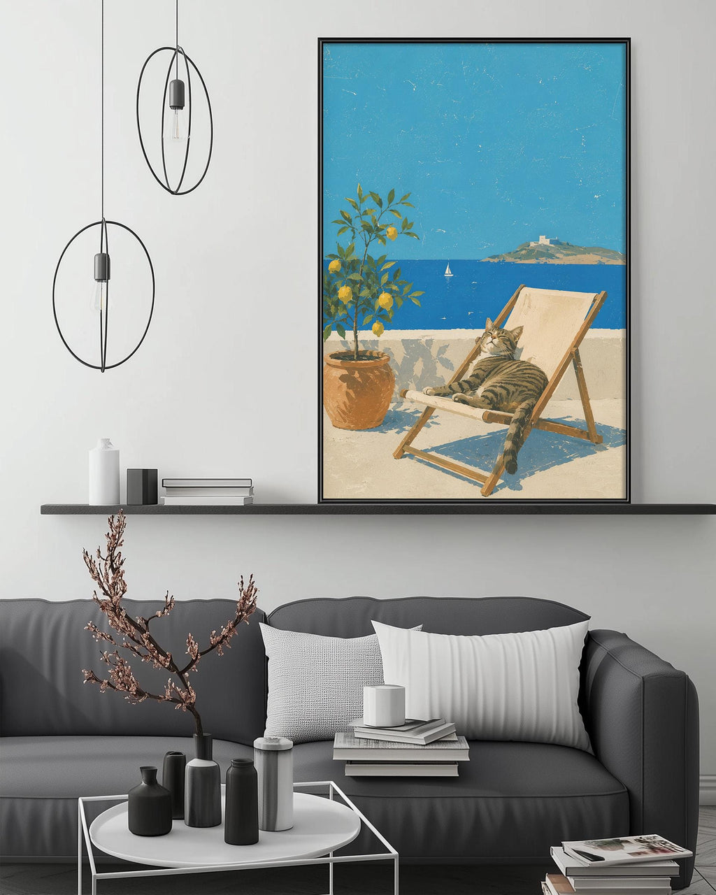 a cozy living room with a gray sofa, a coffee table, and a large framed painting depicting a cat lounging on a beach chair, overlooking the ocean.