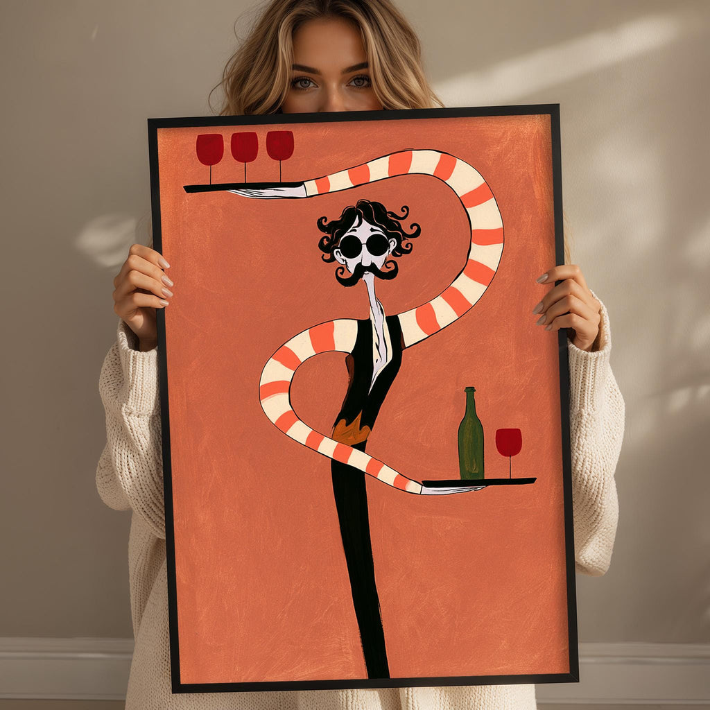 A woman holding a framed artwork depicting a stylized figure with a snake-like body and a wine glass.