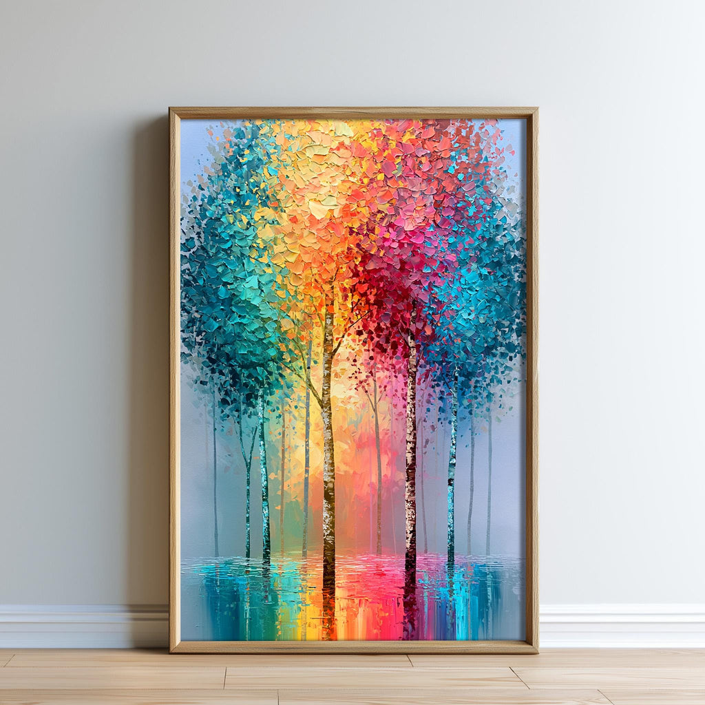 The image is a vibrant painting of a forest scene, featuring a variety of trees with different colors and shapes. The painting is framed and displayed on a wall, creating a visually striking and colorful composition.