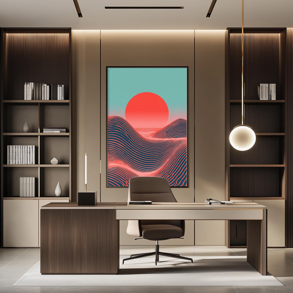 a modern and stylish office space with a large abstract painting of a sunset on the wall. The office features a wooden desk, a comfortable chair, and a bookshelf filled with books. The overall design and decor create a warm and inviting atmosphere.