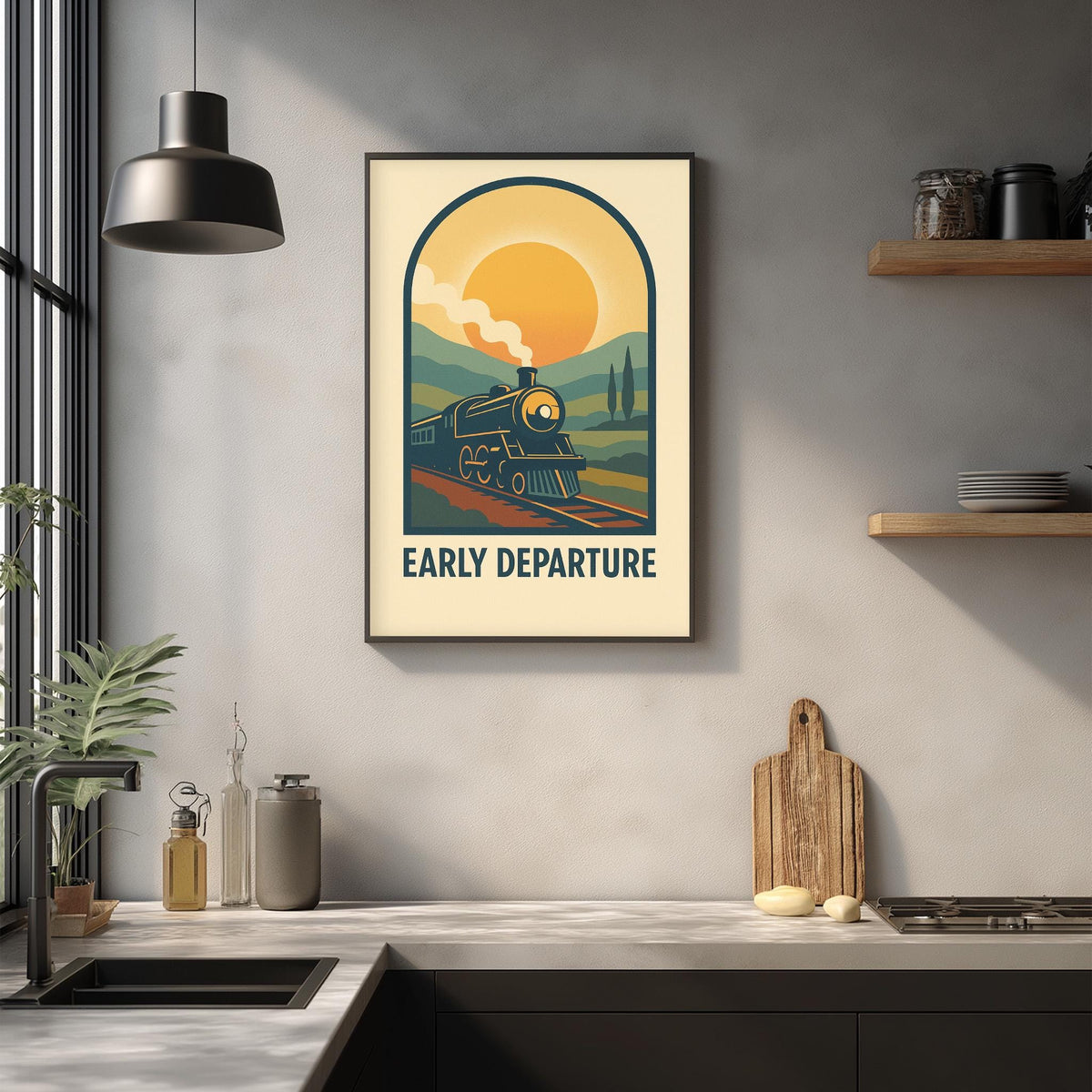 a framed poster of a train on a track, with the text "EARLY DEPARTURE" below it. The poster is hanging on a wall above a kitchen counter with various kitchen items such as a cutting board, a bottle, and a jar.