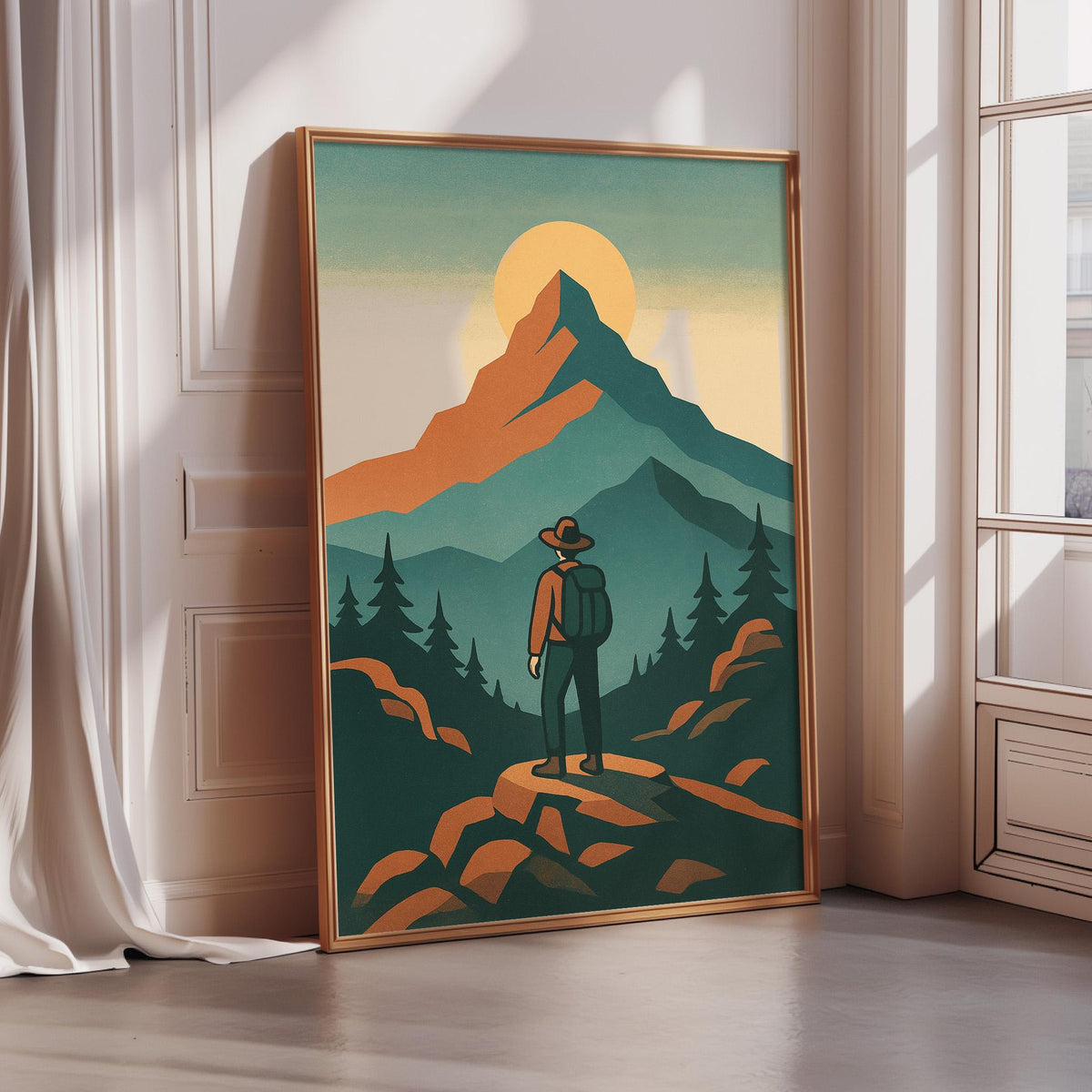 a person standing on a rock, looking out at a mountain landscape with a sunset in the background.