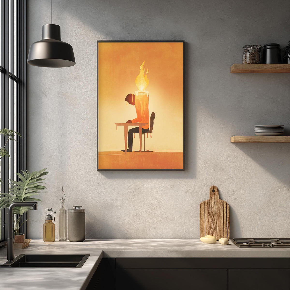 a kitchen scene with a framed artwork depicting a person sitting at a table with a lit candle in front of them. The artwork is hanging on a wall above a kitchen counter with various kitchen items, such as a cutting board, a bottle, and a bowl.
