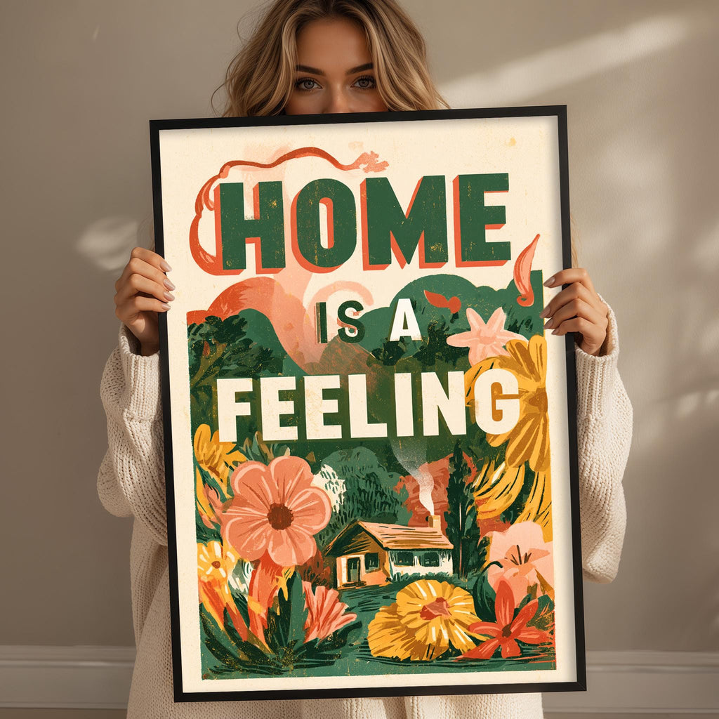 A woman holding a framed poster with the text "HOME IS A FEELING" and an illustration of a house surrounded by flowers and plants.