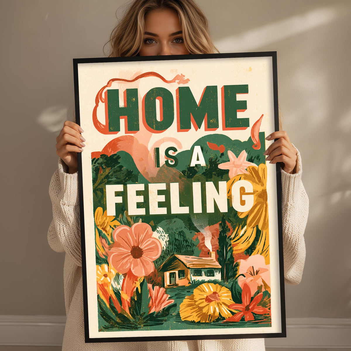 A woman holding a framed poster with the text "HOME IS A FEELING" and an illustration of a house surrounded by flowers and plants.