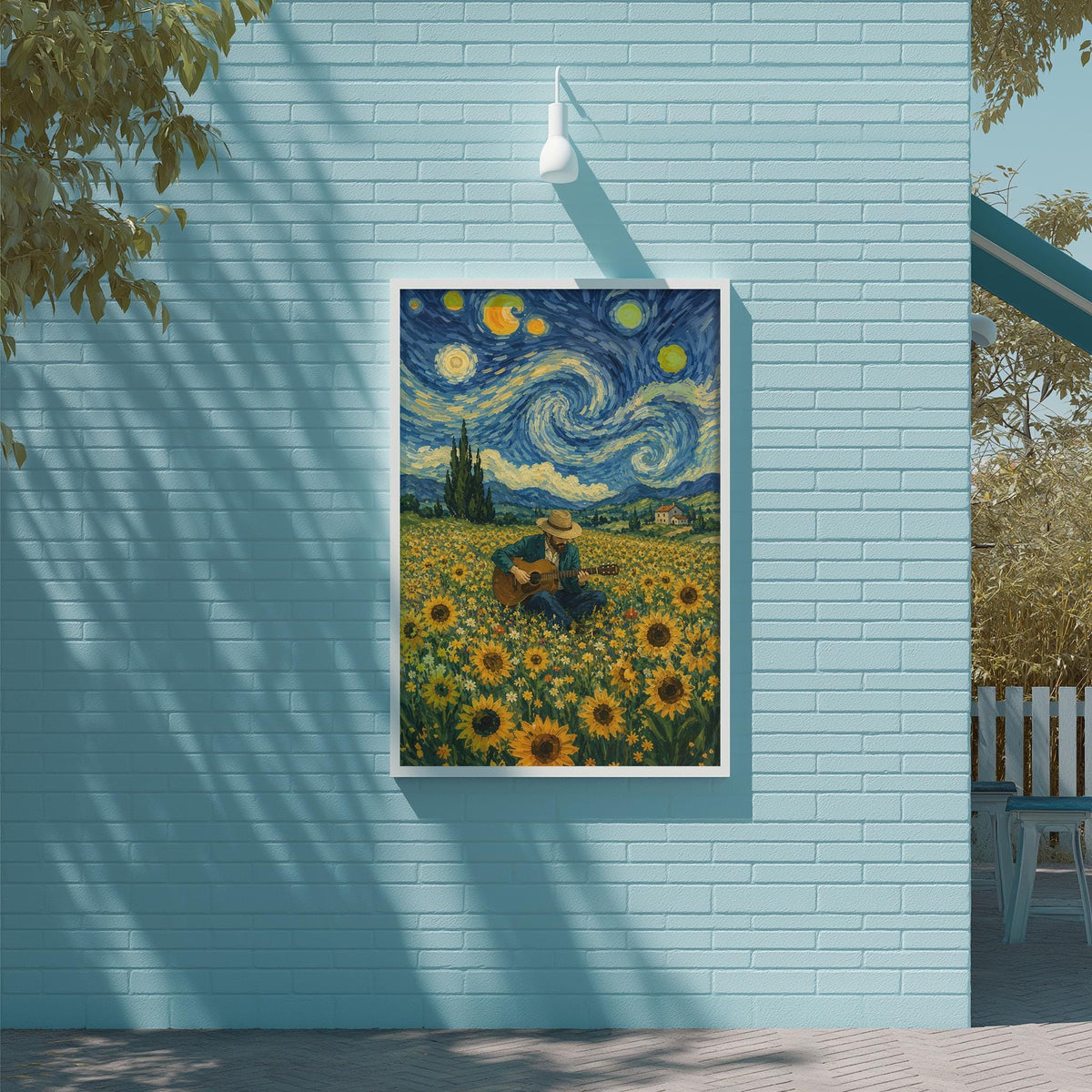 a painting of a woman sitting in a field of flowers, with a starry night sky in the background.