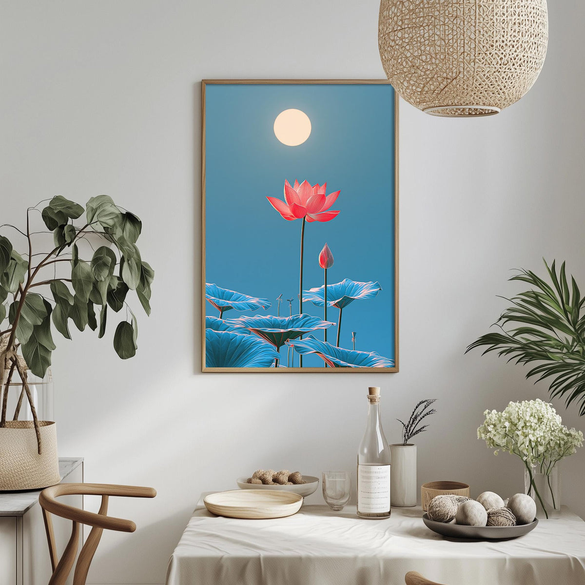 a serene indoor setting with a framed picture of a lotus flower and blue water lilies hanging on the wall. The lotus flower is in full bloom, with its pink petals contrasting beautifully against the blue water. The lotus is surrounded by other blue water lilies, creating a sense of tranquility and harmony. The scene is further enhanced by the presence of potted plants and a dining table with a bowl of fruit, adding to the overall peaceful atmosphere of the space.