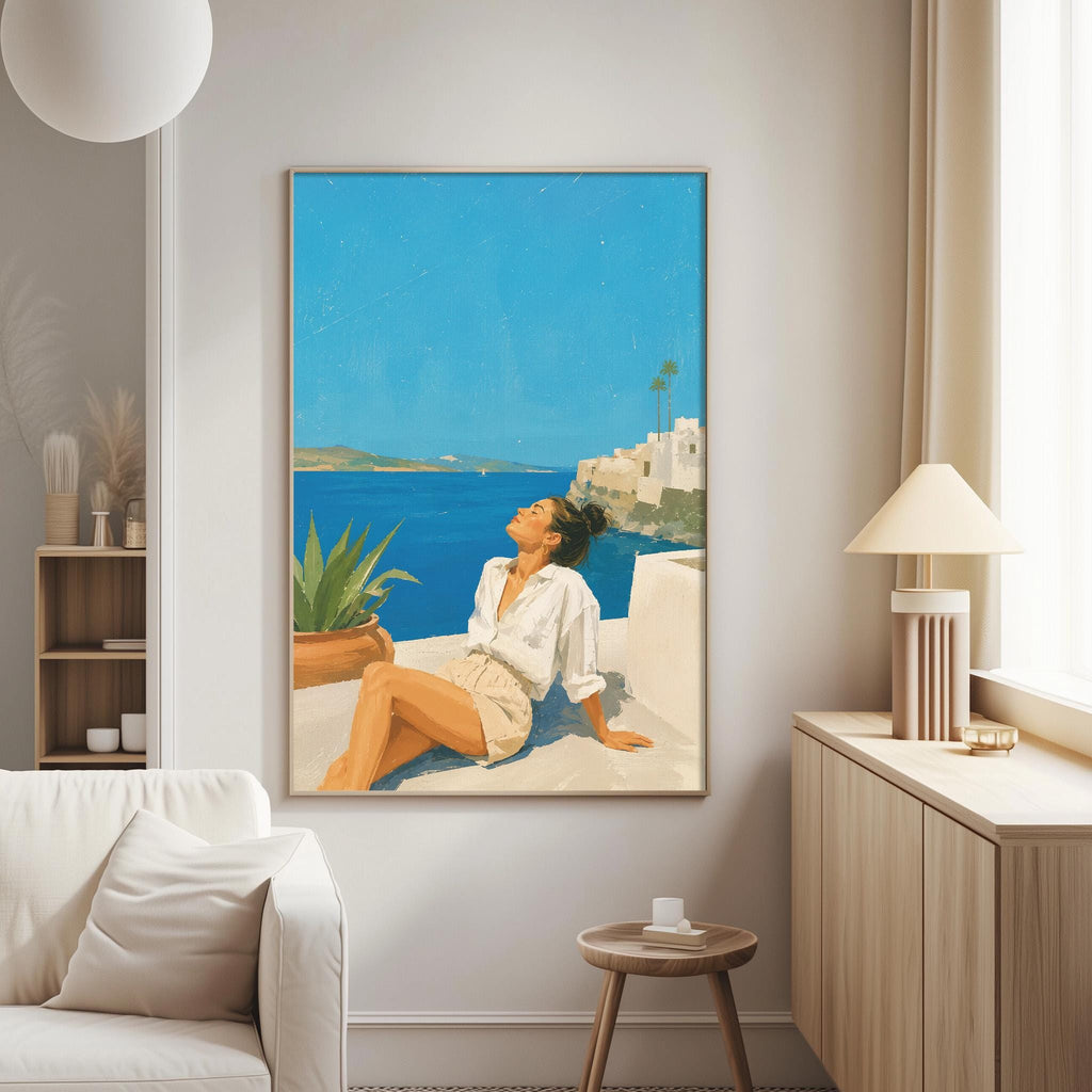 a woman sitting on a balcony, enjoying the view of the ocean and the surrounding buildings.