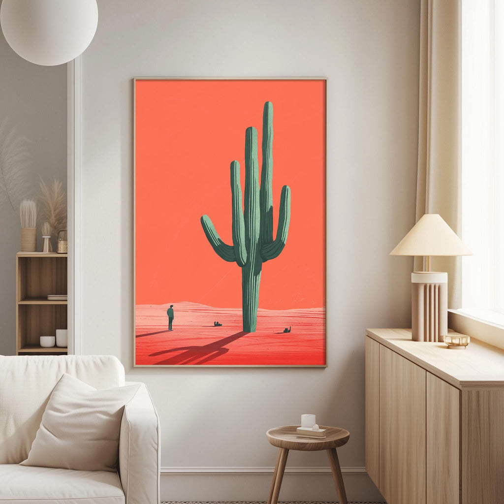a large framed picture of a cactus on a wall in a living room.